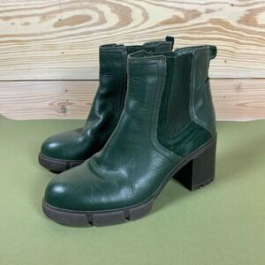 Naturalizer Mindy Boots Women 8M Green Leather Waterproof Lug Sole Chelsea Ankle